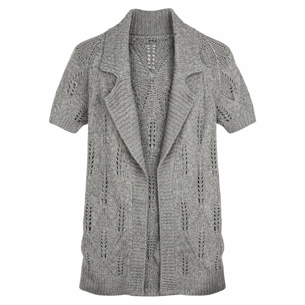 Theory | Gray Wool Blend Open Knit Short Sleeve Cardigan | Small